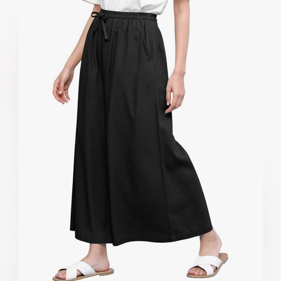 Pants - Washed Linen Casual Loose Wide Leg Pants Pocket Pant with Draw String -black
